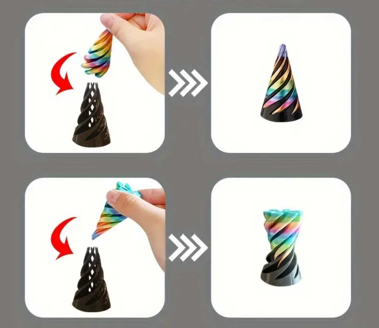Rainbow Spiral Kinetic Fidget Cone – 3D Printed Desk Toy for Kids & Adults